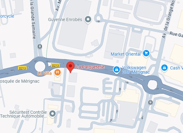 Plan de Mérignac, localisation de La Parqueterie par une punaise rouge sur la route D213 près de La Villa et d'un rond-point.