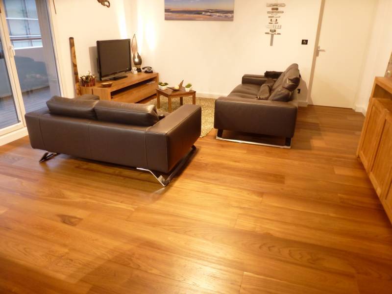 Salon moderne avec deux canapés en cuir marron foncé et parquet en bois clair. Télévision sur meuble, balcon vitré.